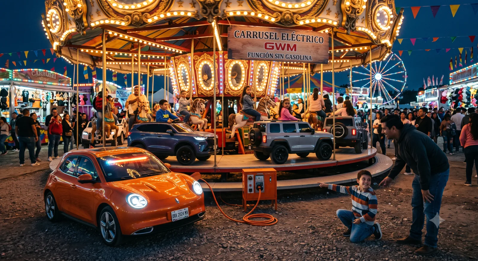 Carrusel GWM — render concepto: carrusel de feria con autos GWM cargado por un Ora 03