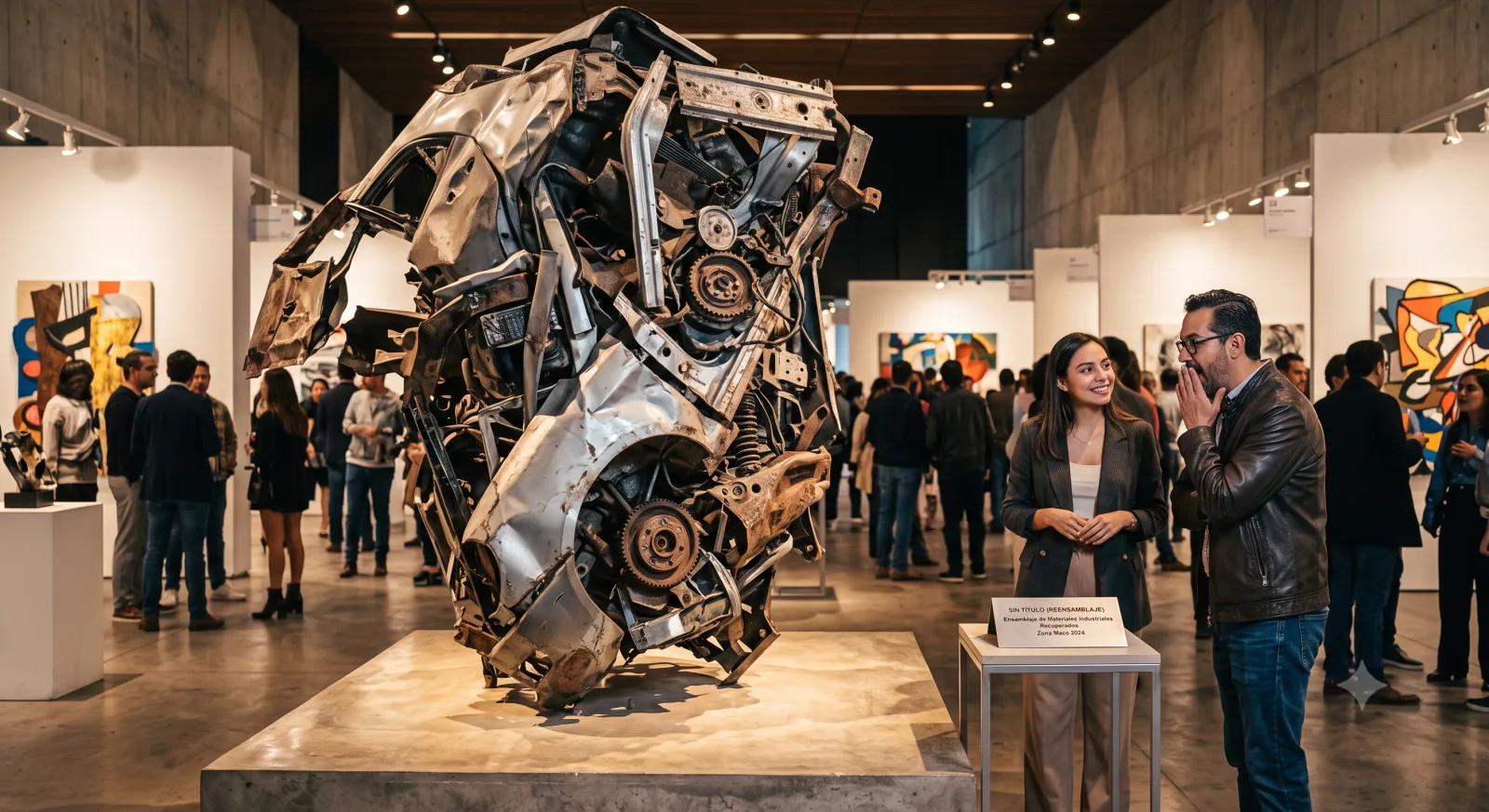 Pieza de Piezas — render concepto: escultura hecha con piezas de autos GWM en Zona Maco