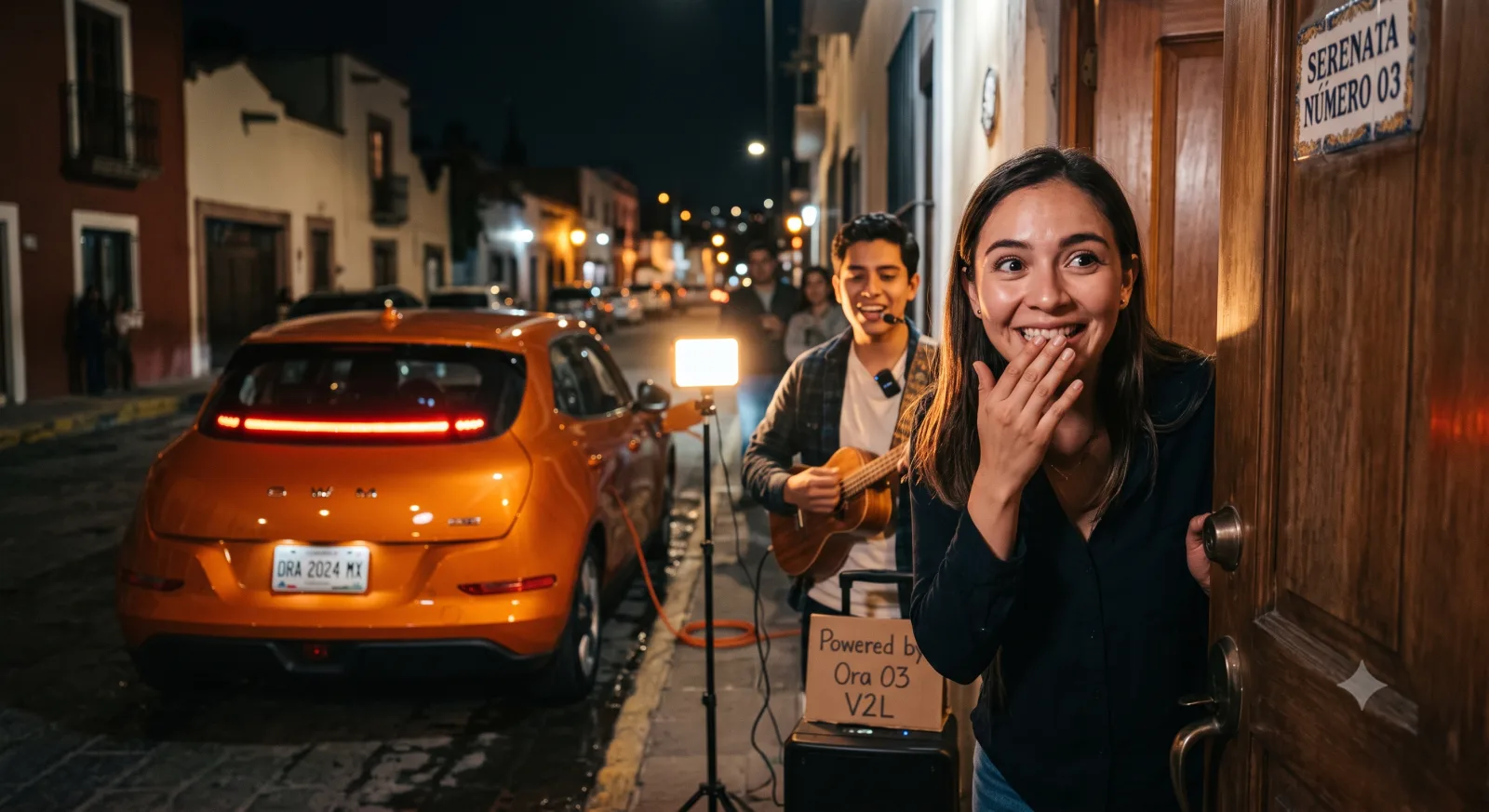 Serenata Número 03 — render concepto: cantante da una serenata con equipo cargado por un Ora 03