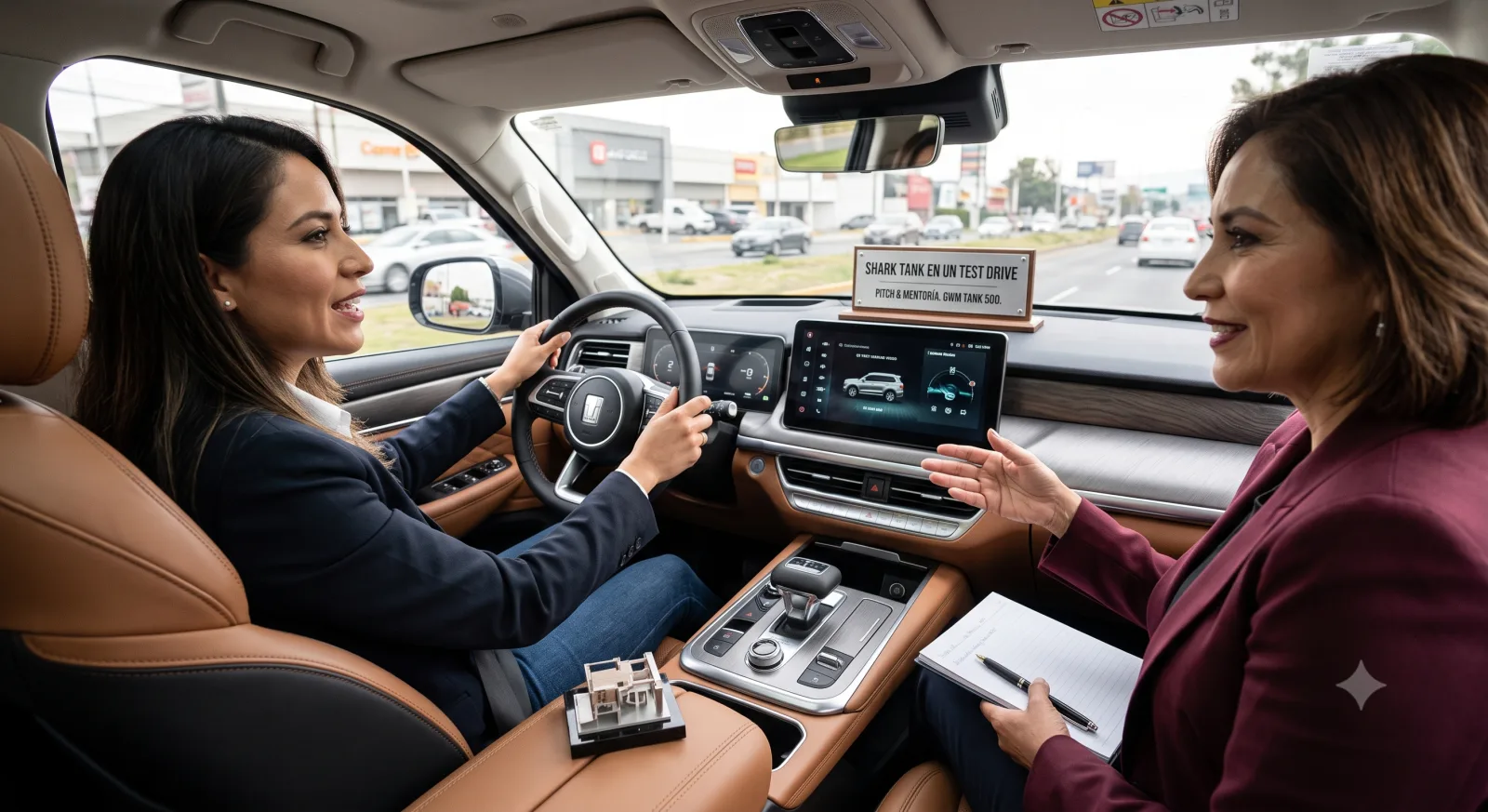Shark Tank en un Test Drive — render concepto: mujer pitchea su negocio manejando un TANK 500